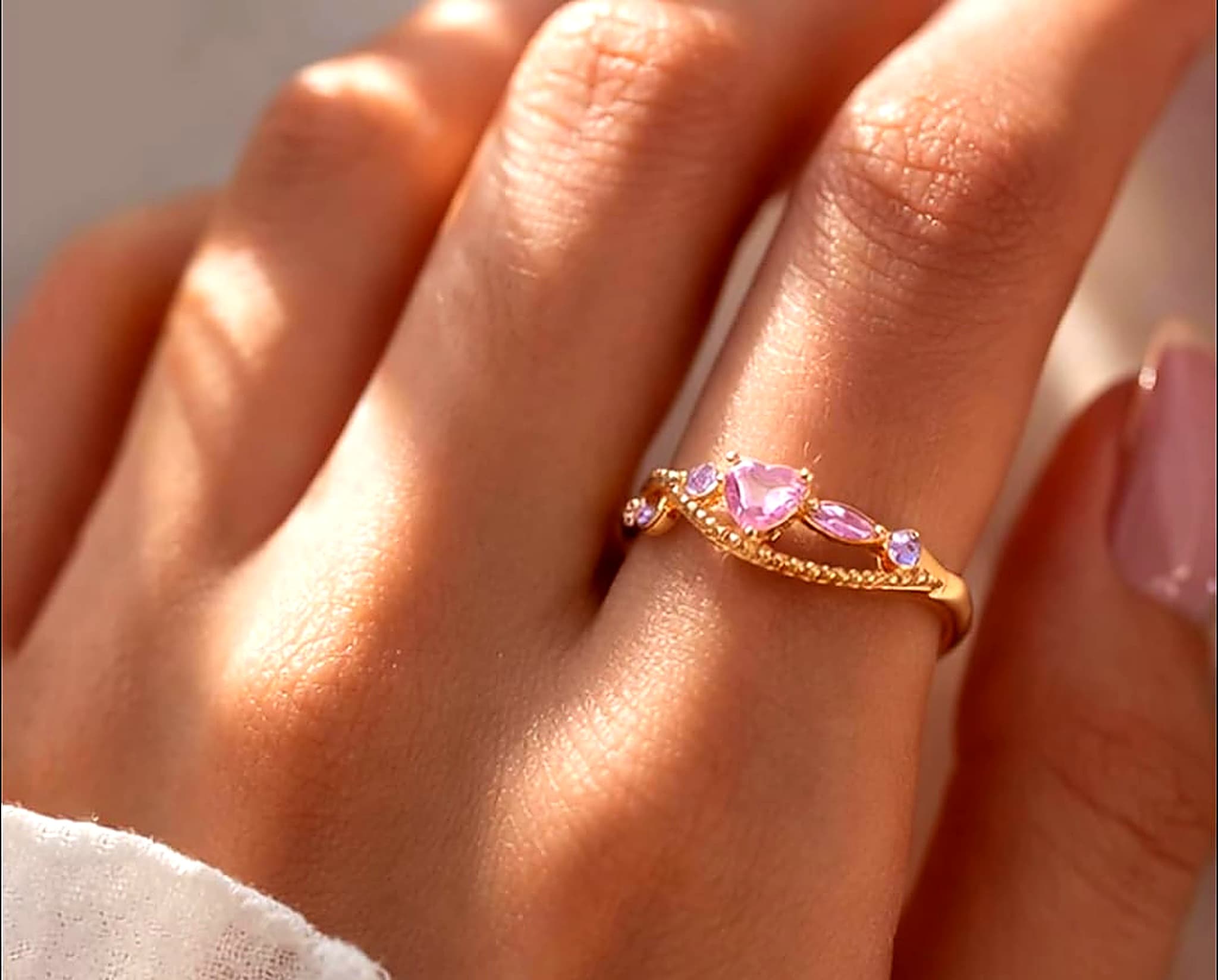 Pink Sapphire Heart Tiara Crown Ring